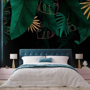 Papier peint - Jungle and composition - motif of green and golden leaves on a black background