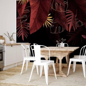 Papier peint - Jungle and composition - red and gold leaf motif on black background