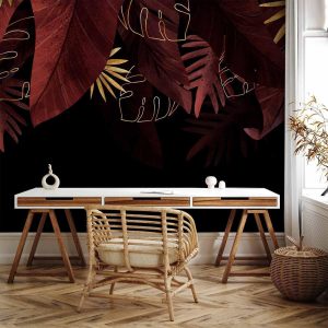 Papier peint - Jungle and composition - red and gold leaf motif on black background