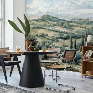 Papier peint - Landscape with Green Fields and Trees Tuscan Sunny View