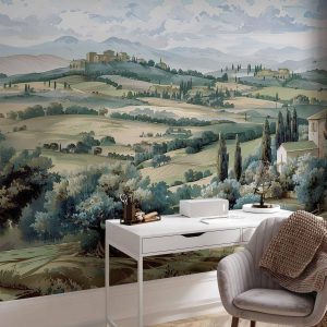 Papier peint - Landscape with Green Fields and Trees Tuscan Sunny View