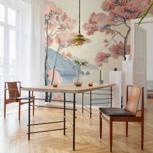 Papier peint - Landscape with the Ocean Cliffs and Trees in Delicate Pink Shades