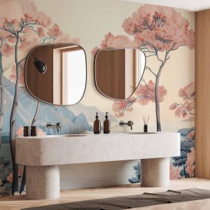 Papier peint - Landscape with the Ocean Cliffs and Trees in Delicate Pink Shades