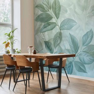 Papier peint - Large Leaves in Shades of Green-Mint: Botanical Motif