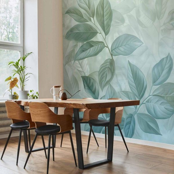 Papier peint - Large Leaves in Shades of Green-Mint: Botanical Motif