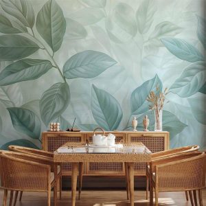 Papier peint - Large Leaves in Shades of Green-Mint: Botanical Motif