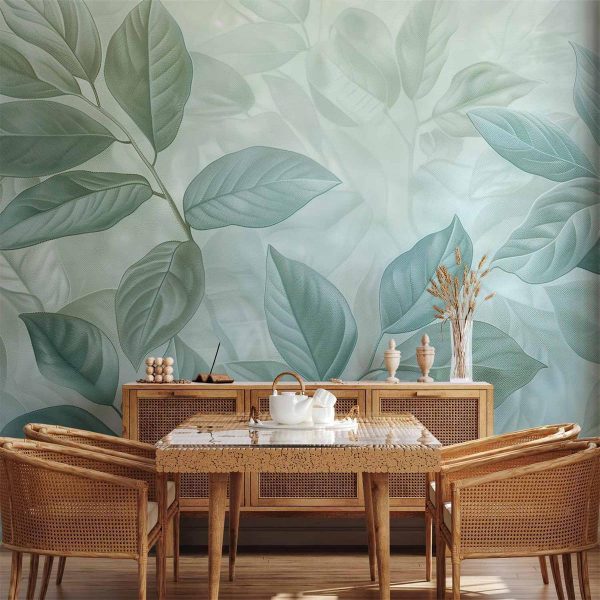 Papier peint - Large Leaves in Shades of Green-Mint: Botanical Motif