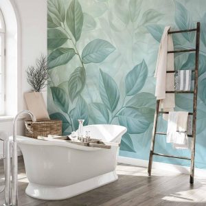 Papier peint - Large Leaves in Shades of Green-Mint: Botanical Motif