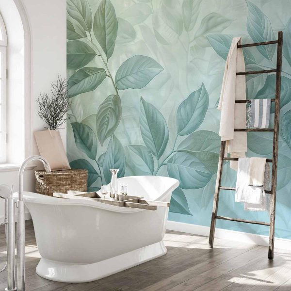 Papier peint - Large Leaves in Shades of Green-Mint: Botanical Motif