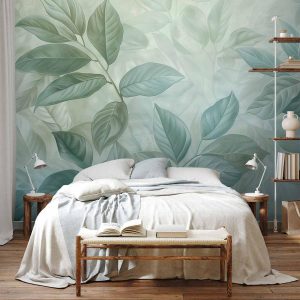 Papier peint - Large Leaves in Shades of Green-Mint: Botanical Motif
