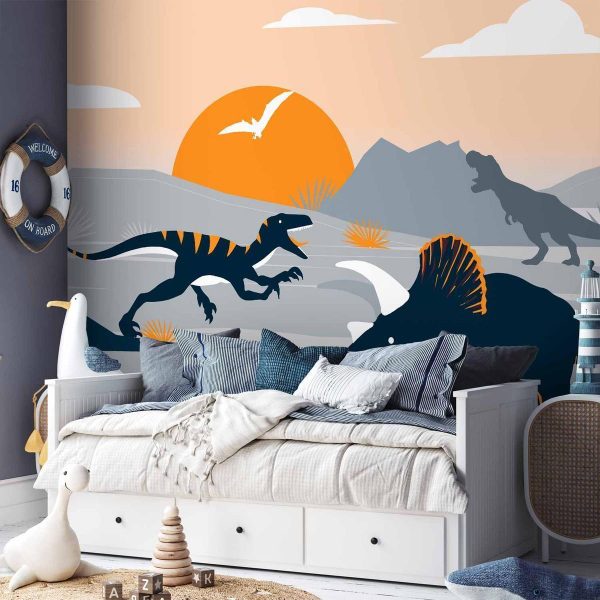 Papier peint - Last dinosaurs with orange - abstract landscape for a room