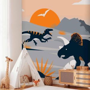 Papier peint - Last dinosaurs with orange - abstract landscape for a room