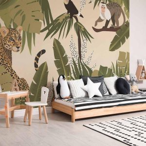 Papier peint - Leaves and Shapes - Jungle in Faded Colours With Animals