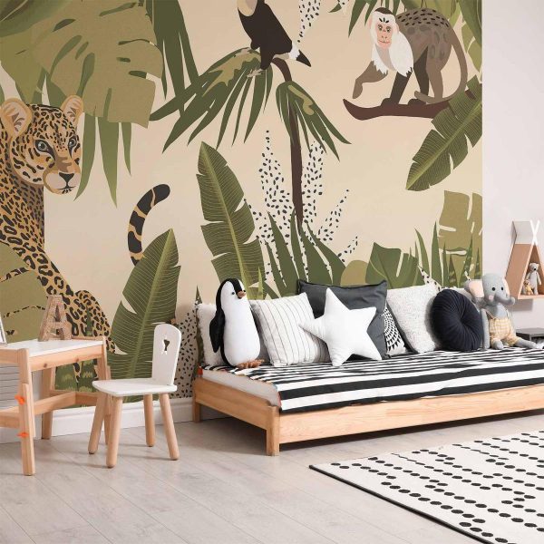 Papier peint - Leaves and Shapes - Jungle in Faded Colours With Animals