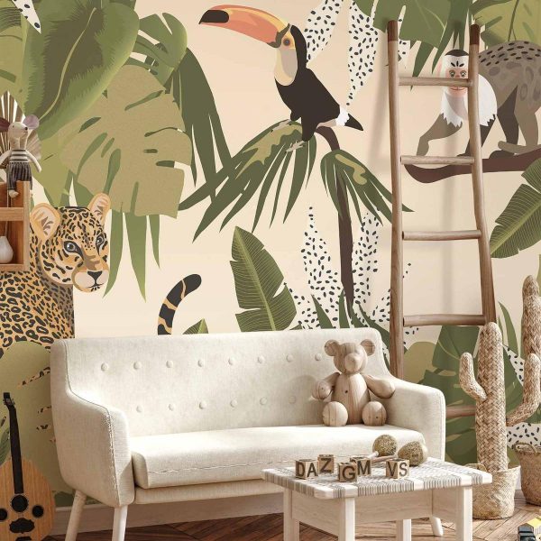 Papier peint - Leaves and Shapes - Jungle in Faded Colours With Animals