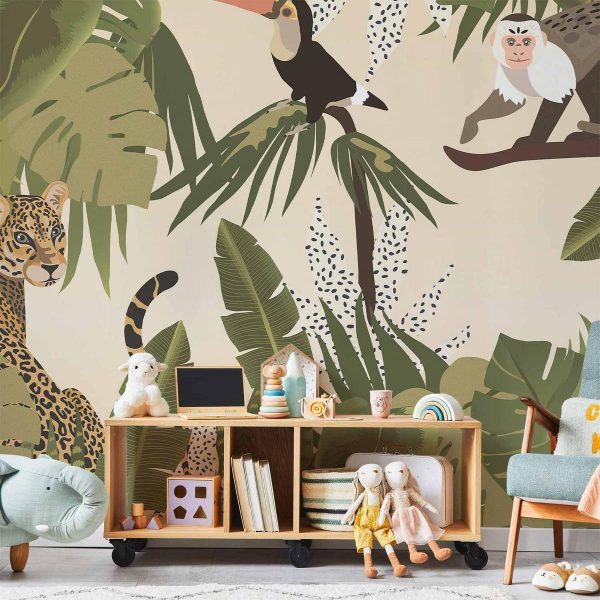 Papier peint - Leaves and Shapes - Jungle in Faded Colours With Animals