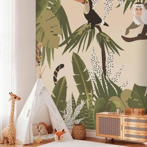 Papier peint - Leaves and Shapes - Jungle in Faded Colours With Animals