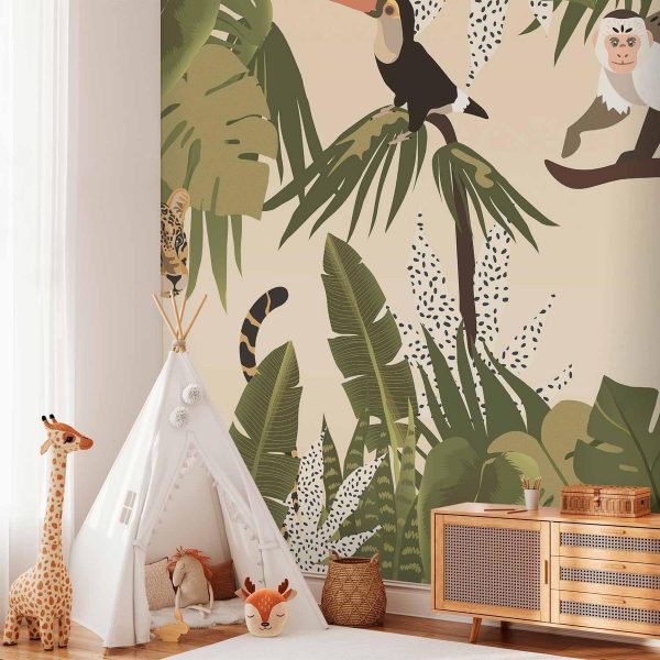 Papier peint - Leaves and Shapes - Jungle in Faded Colours With Animals