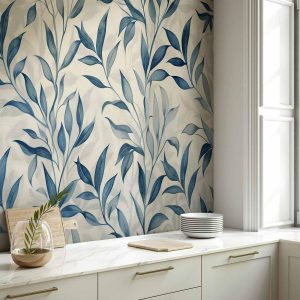 Papier peint - Leaves in Blue Colors Delicate Botanical Motif