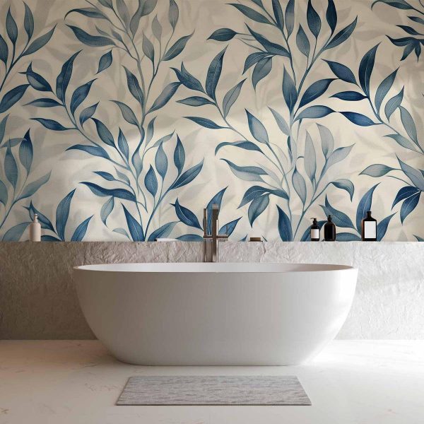 Papier peint - Leaves in Blue Colors Delicate Botanical Motif