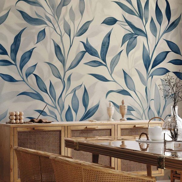 Papier peint - Leaves in Blue Colors Delicate Botanical Motif