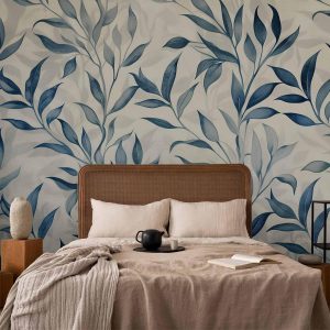 Papier peint - Leaves in Blue Colors Delicate Botanical Motif