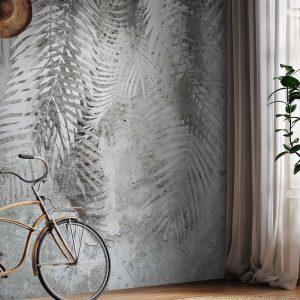 Papier peint - Light and shadow - grey and white composition with floral motif and pattern