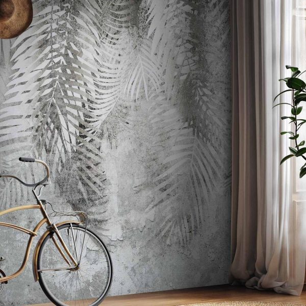Papier peint - Light and shadow - grey and white composition with floral motif and pattern
