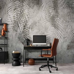 Papier peint - Light and shadow - grey and white composition with floral motif and pattern