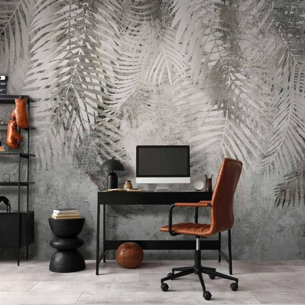 Papier peint - Light and shadow - grey and white composition with floral motif and pattern