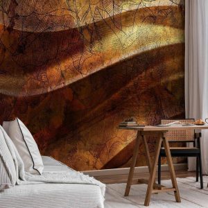 Papier peint - Liquid gold - abstract wavy composition with leaf patterns