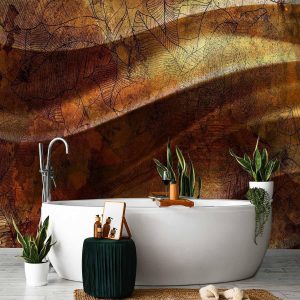 Papier peint - Liquid gold - abstract wavy composition with leaf patterns