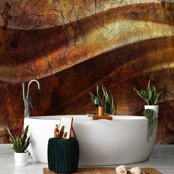 Papier peint - Liquid gold - abstract wavy composition with leaf patterns