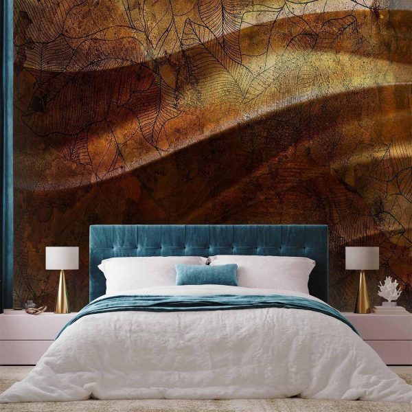 Papier peint - Liquid gold - abstract wavy composition with leaf patterns