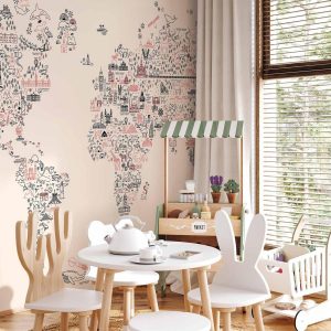 Papier peint - Map With Icons - Cartoon Representation of the World in Pastel Colours