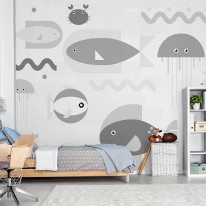 Papier peint - Minimalist grey ocean - geometric fish in water for children