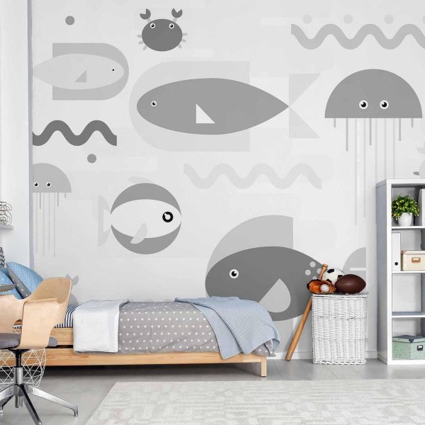 Papier peint - Minimalist grey ocean - geometric fish in water for children