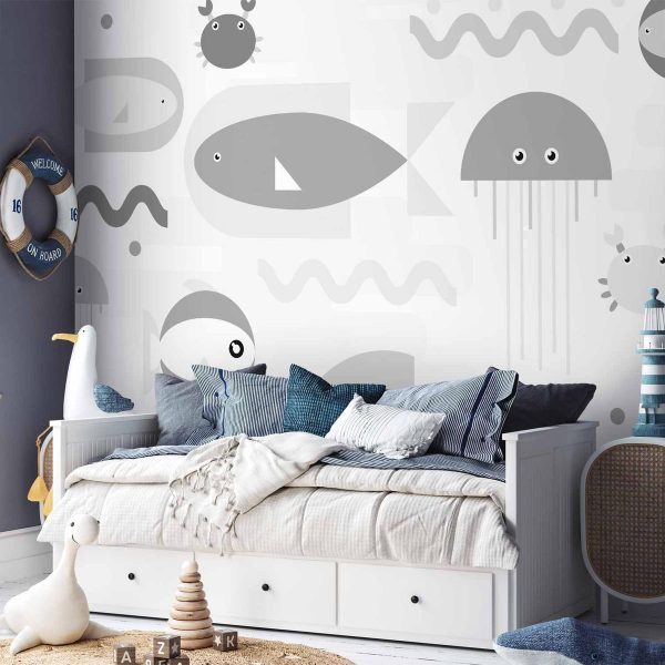 Papier peint - Minimalist grey ocean - geometric fish in water for children