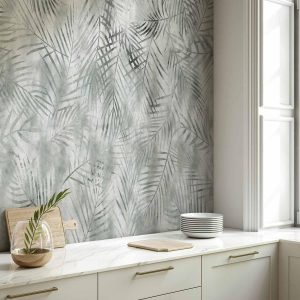 Papier peint - Minimalist landscape - nature motif with grey exotic leaves