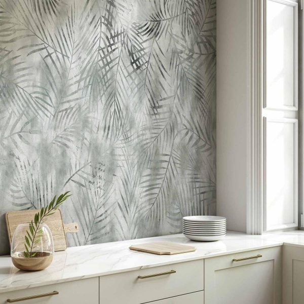 Papier peint - Minimalist landscape - nature motif with grey exotic leaves