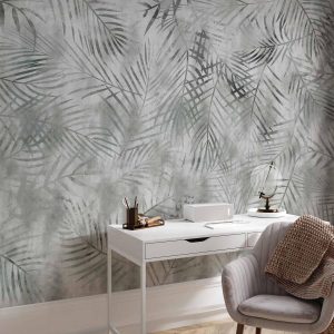 Papier peint - Minimalist landscape - nature motif with grey exotic leaves