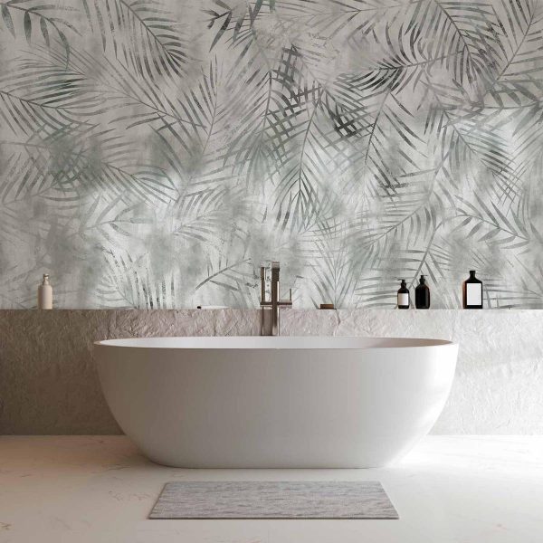 Papier peint - Minimalist landscape - nature motif with grey exotic leaves