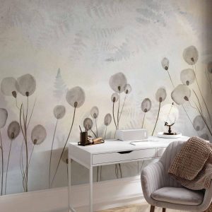 Papier peint - Minimalist meadow - floral motif in light shades with reflections