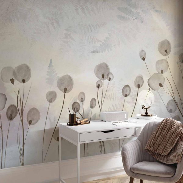 Papier peint - Minimalist meadow - floral motif in light shades with reflections