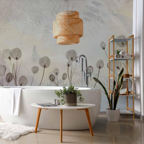 Papier peint - Minimalist meadow - floral motif in light shades with reflections