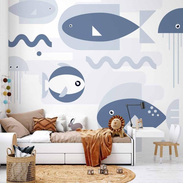 Papier peint - Minimalist ocean - geometric fish and crabs in water for kids