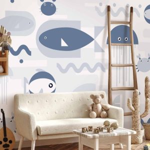 Papier peint - Minimalist ocean - geometric fish and crabs in water for kids