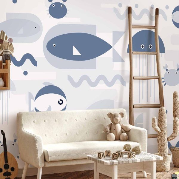 Papier peint - Minimalist ocean - geometric fish and crabs in water for kids