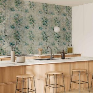 Papier peint - Mint tones - green leaf bouquets on a retro patterned background