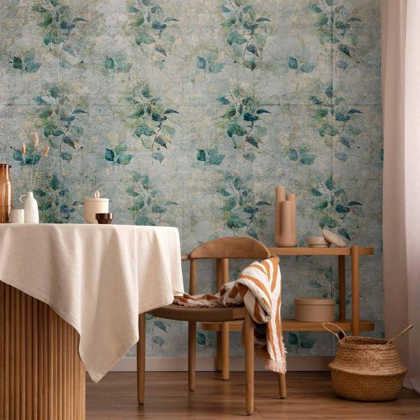Papier peint - Mint tones - green leaf bouquets on a retro patterned background